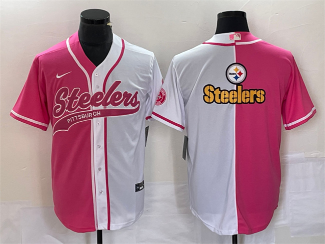 Men's Pittsburgh Steelers White Pink Split Team Big Logo Cool Base Stitched Baseball Jersey